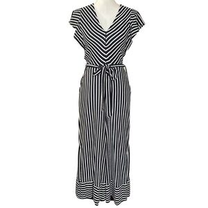NWT ECI New York Zip Front Belted Wide Cropped Leg Striped Jumpsuit SZ S Navy